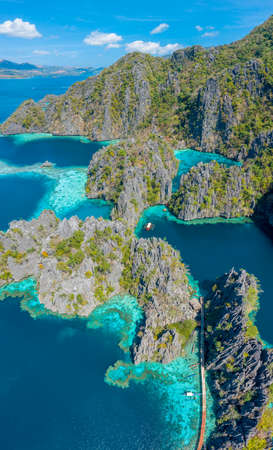 Aerial shot a Twin Lagoon in Coron Island Palawan Philippines. Hi Res panorama.の写真素材