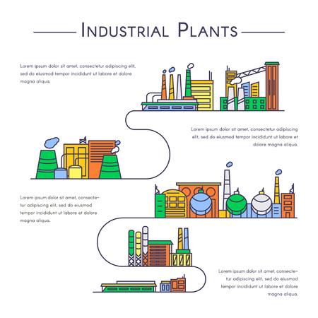 Set of industrial plants in linear style. Industrial buildings vector icons in color.のイラスト素材