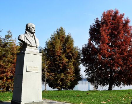 The bust of Taras Sevcenko, Ukrainian painter and poet, at King Mihai I Park, former Herastrau Park, a large park in the north of Bucharestの写真素材