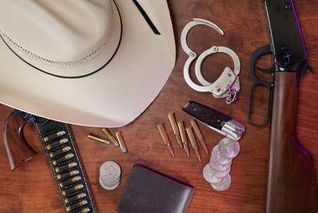 An assortment of the equipment carried daily by law enforcement officers in the American West. の写真素材