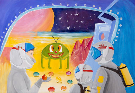 Children's drawing gouache Smile from a distant planet