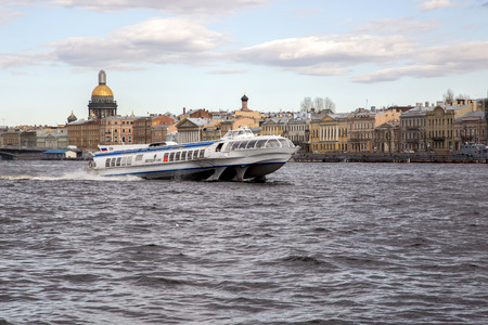 The ship "Meteor" is moving along the Neva River, St. Petersburgのeditorial素材