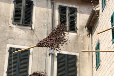 Installation from a flying broom on one of the streets of Kotor, Montenegroのeditorial素材