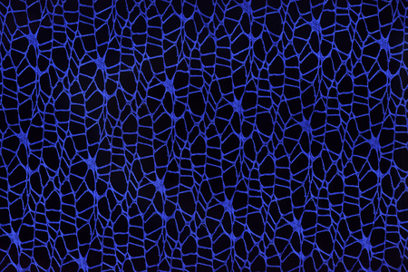 Abstract background of woven blue threads on a black background.