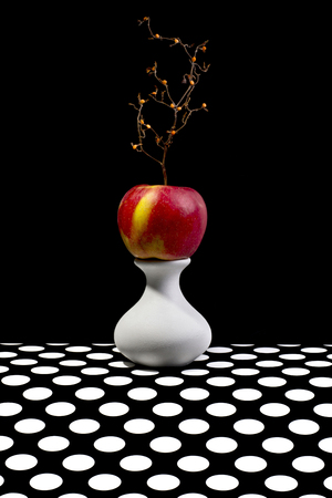 Still life with an apple on a white vaseの写真素材