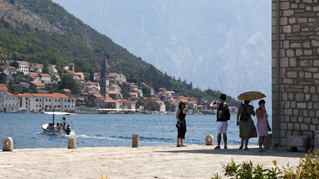 Perast, Montenegro - August 04, 2017: Tourists on the island of Gospa-od-Shkrpjela in the Bay of Kotorのeditorial素材