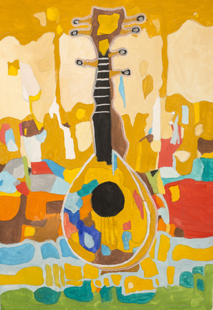 Children's drawing gouache Decorative Still life with musical instrumentの写真素材