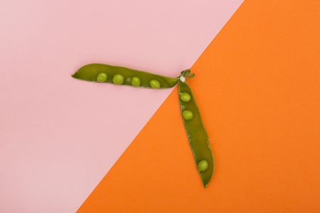 Green pea pod on a colored backgroundの写真素材