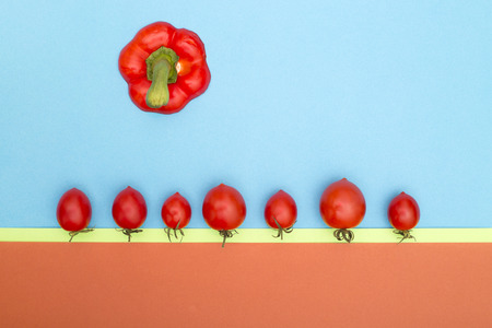 Red ripe tomatoes and top of sweet pepper on a color background