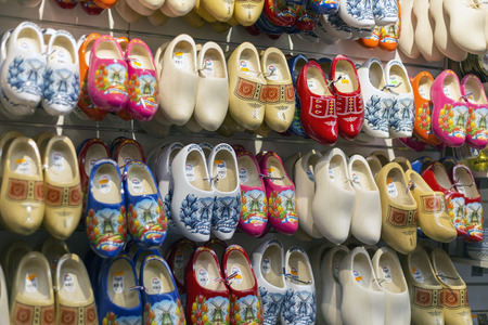 Amsterdam, Netherlands - July 02, 2018: Klomp - Dutch wooden shoes in the shop windowのeditorial素材
