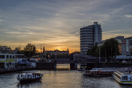 Amsterdam, Netherlands - July 02, 2018: View of modern buildings on Amsterdam's embankmentのeditorial素材