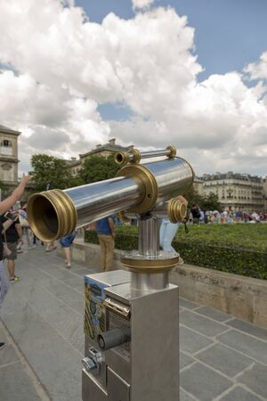 Paris, France - July 04, 2018: Spyglass on the square in front of the Notre-Dame Cathedralのeditorial素材