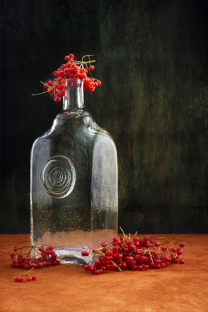Still-life with viburnum red and empty glass bottleの写真素材