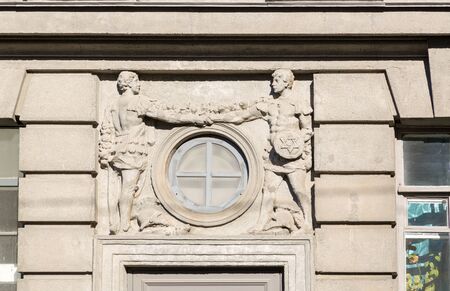St. Petersburg, Russia - August 08, 2018: Bas-relief with a Masonic handshake on the front of the house on Fontanka Embankment in St. Petersburgのeditorial素材