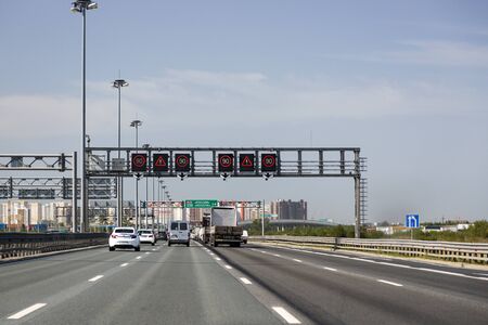 St. Petersburg, Russia - August 09, 2018: E 105 motorway in St. Petersburg. Scoreboard variable...