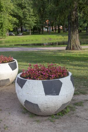 Petergof, St. Petersburg, Russia - August 09, 2018: A flower bed in the form of a soccer ballのeditorial素材