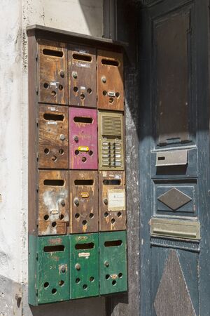 Goslar, Germany - July 08, 2018: Mailboxes in front of the entrance of a residential houseのeditorial素材