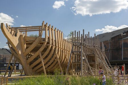 St. Petersburg, Russia - August 10, 2018: Children's playground in the form of a ship under construction on the territory of the city park "New Holland" in St. Petersburgのeditorial素材