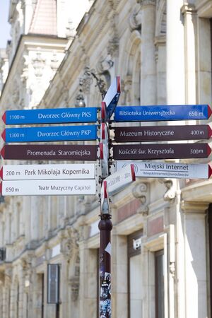 Wroclaw, Poland - July 09, 2018: Street index of driving directions and distances in the center of Wroclaw, Poland.のeditorial素材