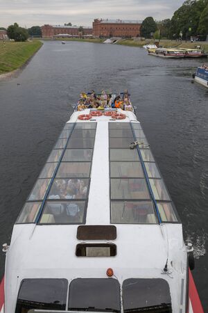 St. Petersburg, Russia - August 11, 2018: Pleasure boat on excursion near the Peter and Paul Fortress in St. Petersburgのeditorial素材