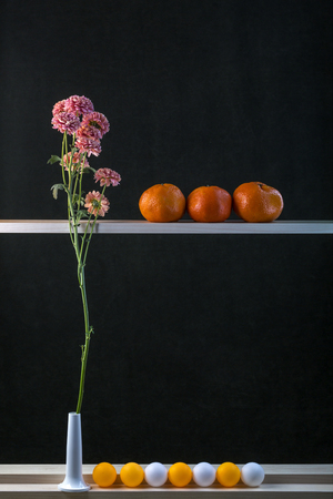 Still life with a flower branch, tangerines and ballsの写真素材