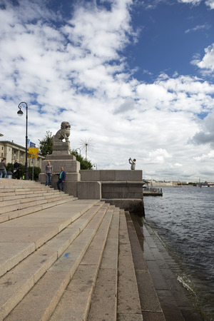 St. Petersburg, Russia - August 14, 2018: Shih Tzu - a granite lion from China on Petrovskaya Embankment in St. Petersburgのeditorial素材