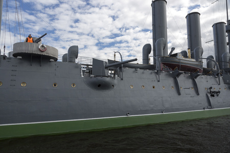 St. Petersburg, Russia - August 14, 2018: Fragment of the cruiser of the Baltic Fleet Aurora in St. Petersburgのeditorial素材