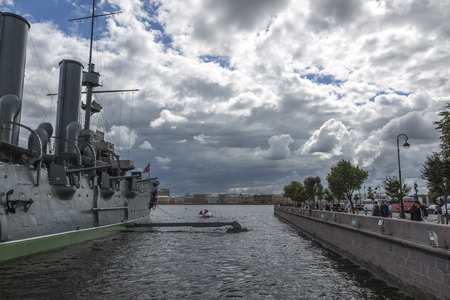 St. Petersburg, Russia - August 14, 2018: Fragment of the cruiser of the Baltic Fleet Aurora in St. Petersburgのeditorial素材