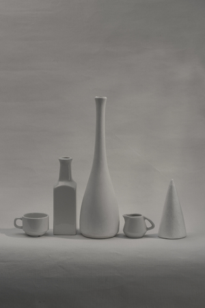 Still life with white objects on a gray backgroundの写真素材