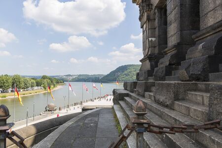 Koblenz, Germany - July 07, 2018: View of the German corner, where the Moselle flows into the Rhine from the height of the monument to Kaiser Wilhelm I in Kobletzのeditorial素材