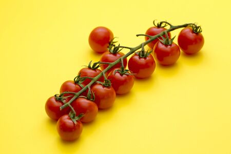 Ripe Red Cherry Tomatoes on yellow Backgroundの写真素材