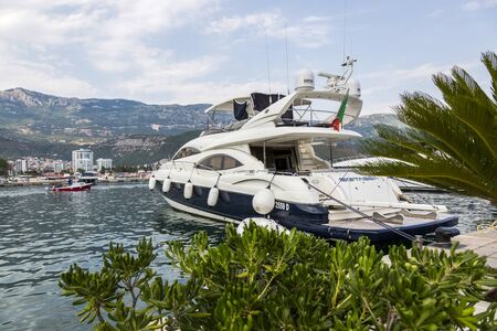 Budva, Montenegro - August 03, 2017: Jetty of boats and yachts on the embankment of Budvaのeditorial素材