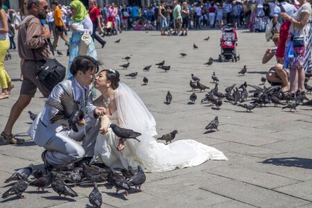 Venice, Italy - June 11, 2013: Happy newlyweds feed pigeons on St. Mark's Square in Veniceのeditorial素材