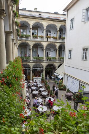 Lviv, Ukraine - August 13, 2019: Italian courtyard in the center of Lviv, medieval architecture.