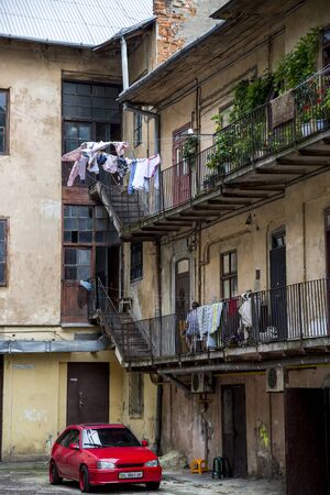 Lviv, Ukraine - August 13, 2019: Fragment of a residential courtyard in the old part of Lvivのeditorial素材