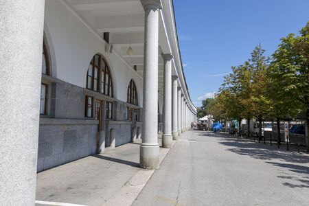 Ljubljana, Slovenia - August 15, 2019: Building with commercial premises in the Central Market area...