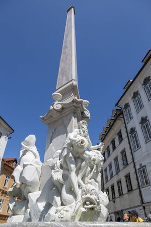 Ljubljana, Slovenia - August 15, 2019: The fountain of three carniolan rivers in Ljubljana. The fountain of Robb, the famous Venetian sculptor, was built in 1743 - 1751.のeditorial素材