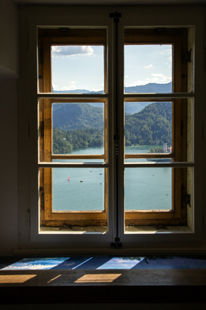 Bled, Slovenia - August 15, 2019: View of the lake from the window of the Bled Castle Museumのeditorial素材