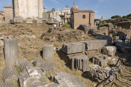 Rome, Italy - August 17, 2019: View of the ancient structures of the Roman Forum
