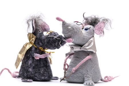 Soft toys made of felted wool on a whiteの写真素材