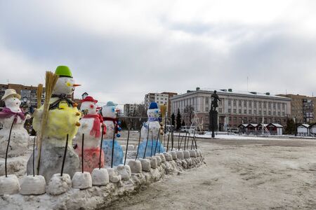 Kursk, Russia - January 12, 2020: Snowmen on the Theater Square of the city of Kurskのeditorial素材