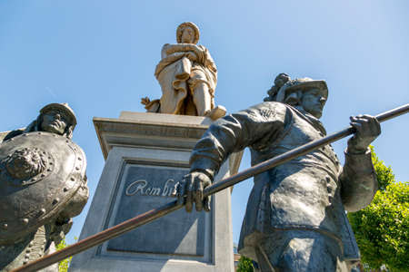Amsterdam, Netherlands - July 02, 2018: Monument to the great Dutch artist Rembrandt with figures from the picture "Night Watch".のeditorial素材