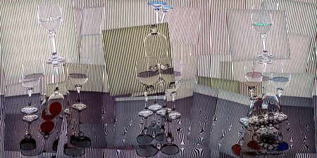Abstract collage with glass goblets on a reflective surface