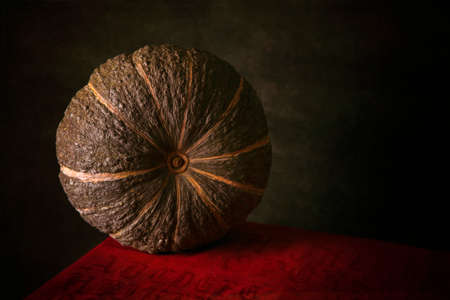 Still life "Pumpkin on a red table" with a pumpkin on a red tableの写真素材