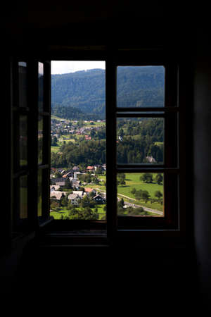 Bled, Slovenia - August 15, 2019: View from the window of the Bled Castle Museumのeditorial素材