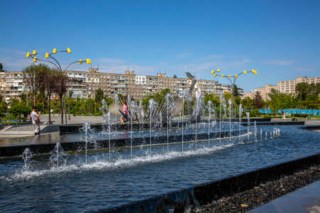 Dnepr, Ukraine - August 26, 2020: Fountain in a new recreation park on the embankment of the cityのeditorial素材