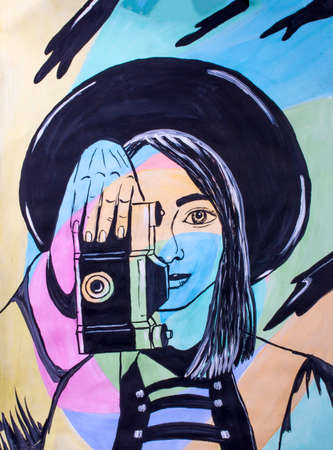 Gouache drawing in pop art style Portrait of a girl with a camera