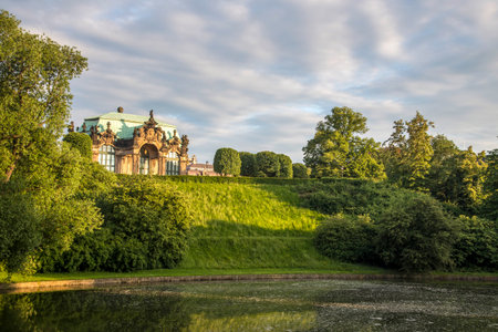 Dresden, Germany - June 05, 2013: Public garden with Zwingergaarden pond in the center of Dresdenのeditorial素材