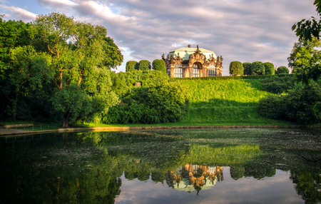Dresden, Germany - June 05, 2013: Public garden with Zwingergaarden pond in the center of Dresdenのeditorial素材