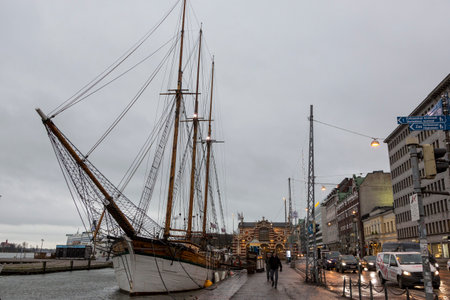 Helsinki, Finland - January 15, 2020: Sailing ship docked on the waterfront of Helsinki